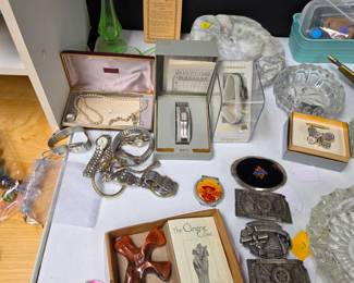 Watches, Belt Buckles, Uranium Glass Vase (cracked) and Uranium Glass Spoon/Scooper