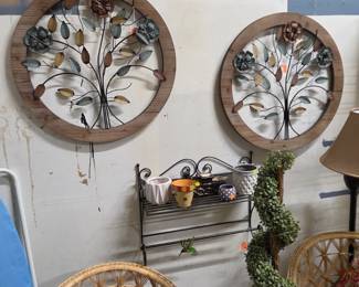 Two matching large wood and metal wall medallions, Metal Wall Shelf, small planters