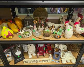 Roosters, Chickens and Birds, Red Metal Truck and Tractor, Hour Glass, and more