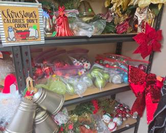 Lots of Christmas Ornaments, Gold Poinsettias, and Wreath/Decor Craft Items