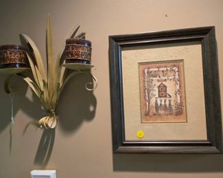 Metal Palm Frond Candle Holder and Framed Wall Art with Bird House Theme