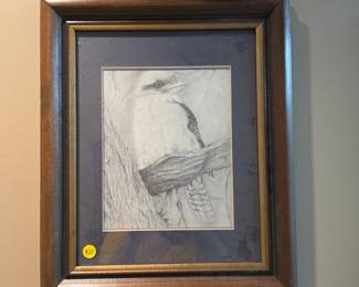 Framed Black and White Pencil Drawing of a Bird