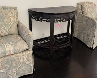 Kravet upholstered chairs, antique Chinese demilune table