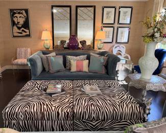 Leather ottoman with zebra print, pair of silk velvet upholstered saofas