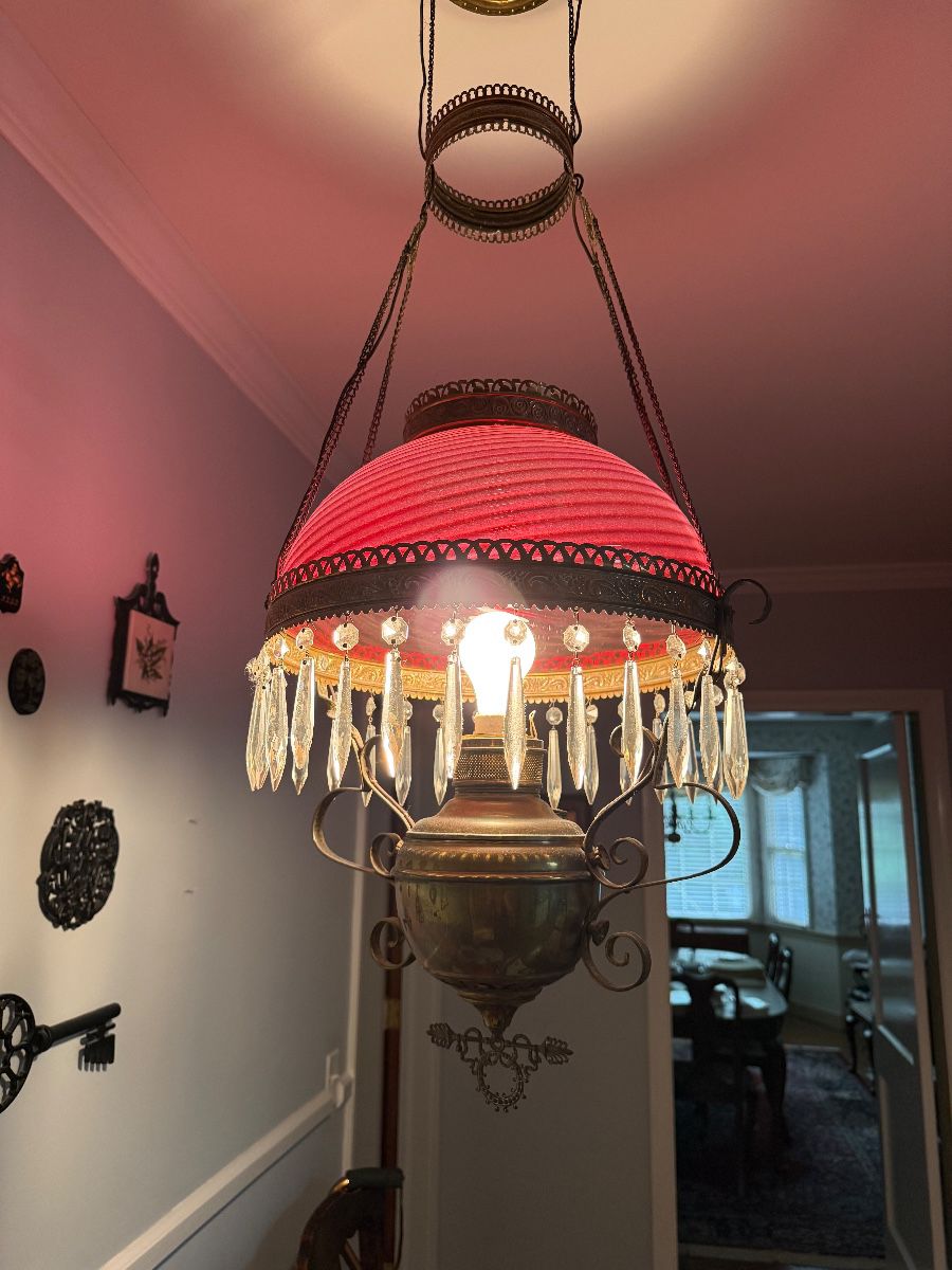 Victorian cranberry glass hanging oil lamp