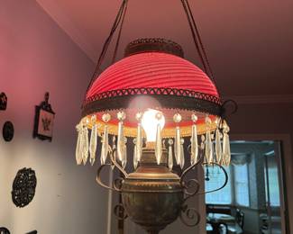 Victorian cranberry glass hanging oil lamp