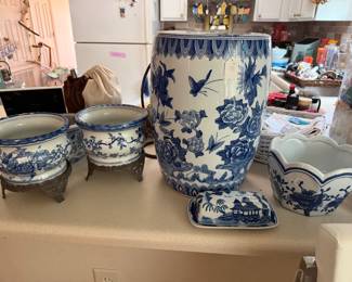 Blue and white pedestal $80