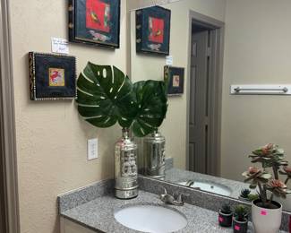 mixed media artwork and mercury glass vase