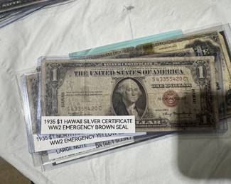 gold coins, silver coins, assorted currency