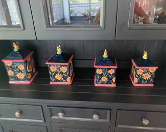 Rooster canisters - there is glassware in the cabinet that will be available and located on the kitchen cabinet