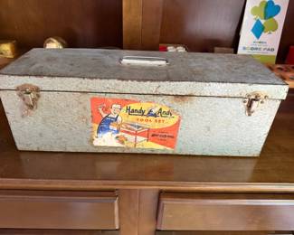 Vintage Handy Andy Tool Set metal toolbox with original label