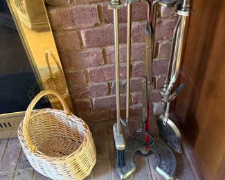 Brass fireplace tool set with stand and wicker basket