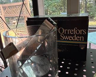 Orrefors Sweden crystal ice bucket with tongs and original box