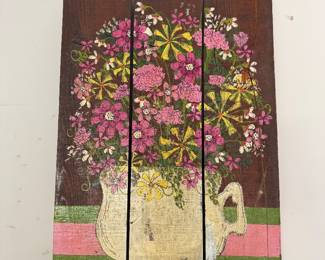 Folk art painted wood plank panel with pink floral pitcher