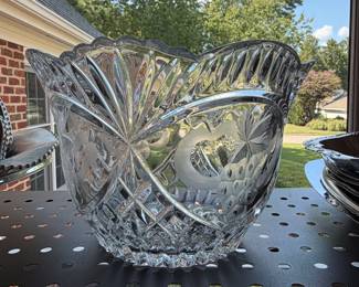 American Brilliant style cut crystal punch bowl with sawtooth rim