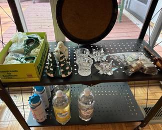 Cut glass pitcher and dishes, cookie cutters, ceramic figurine and wood lazy Susan
