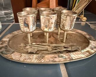 Silver plate serving tray with set of six goblets and cocktail picks