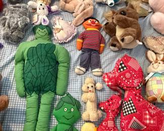 Stuffed animal lot with Jolly Green Giant and Little Sprout plush, teddy bears and handmade fabric ornaments