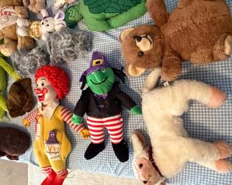 Vintage Ronald McDonald doll with witch doll and plush teddy bears