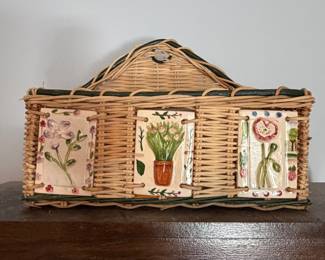 Wicker picnic basket with painted floral tile panels