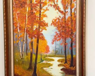 Framed autumn birch forest landscape oil painting in gold frame