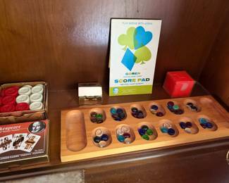 Wood Mancala board game with marbles, Shakespeare playing cards and Goren bridge score pad