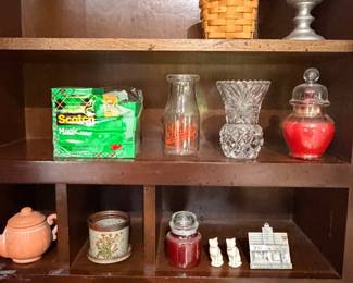Shelf with pewter goblet, Longaberger style basket, cut glass vase and apothecary jars