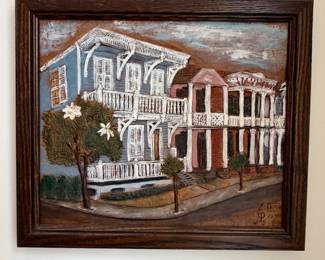 Framed dimensional relief art of Victorian houses in wood frame
