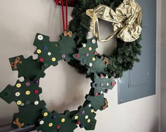 Christmas wreaths - evergreen wreath with gold bow and painted wood holiday wreath