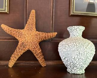 Large dried starfish and white crackle glaze pottery vase