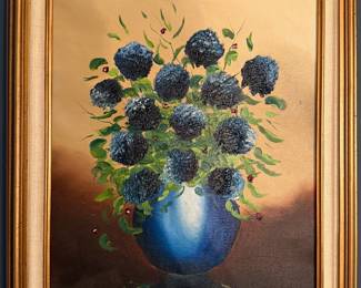 Framed original oil painting of blue hydrangeas in vase, signed, gold frame