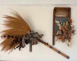 Wall decor - dried wheat and floral broom arrangement with wood washboard floral piece