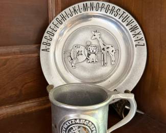 Pewter child's ABC alphabet plate and matching cup set