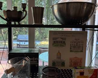 Silver plate bowls and compotes, glass ice bucket and framed architectural prints
