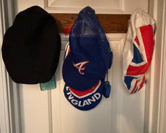 Hat lot with Atlanta Braves cap, England cap, Union Jack cap and black wool cap