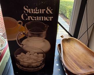 Boxed sugar and creamer set with wood serving bowls