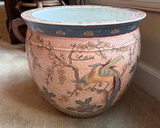 Large Chinese porcelain fish bowl jardiniere planter with hand painted bird and blossom design
