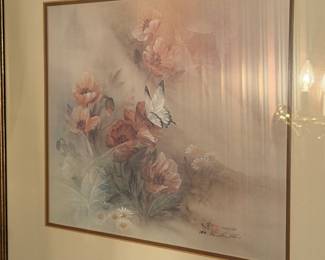 Large framed and matted floral watercolor print with butterfly in gold frame