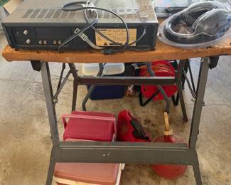 Folding work table with toolboxes, hand tools and shop equipment