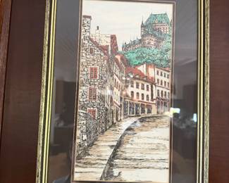 Framed European canal street scene print in ornate gold frame