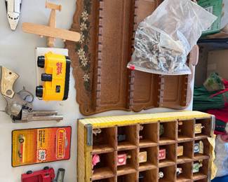 Wood divided printer's tray display shelf, vintage wood toy truck and model space shuttle