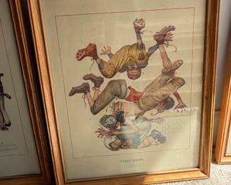Framed vintage comic illustration print of tumbling figures in gold frame