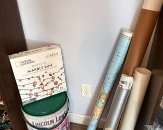 Lincoln Logs canister, National Geographic marble run set and rolled poster tubes