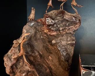 Driftwood burl sculpture with copper metal bird figures