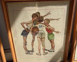 Framed vintage basketball illustration print of boys in gold frame
