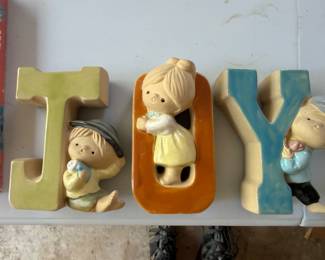 Vintage ceramic JOY Christmas letter figurines with children