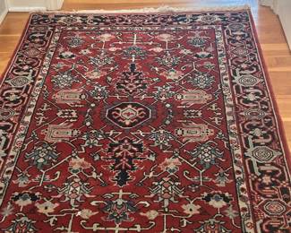 Vintage Heriz-Style Area Rug β 4β Γ 6β Traditional Persian-inspired geometric design in rich brick red, navy, ivory and muted blue.