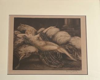 Beautiful signed Louis Icart Art Deco etching depicting a reclining woman, with the artistβs signature visible at lower right. Elegant period imagery in sepia tones.
