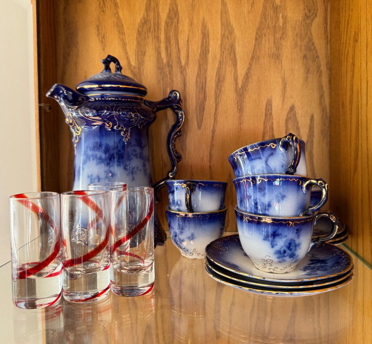 LaBelle Flow Blue Chocolate Pot with 6 cups and 5 saucers 