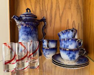 LaBelle Flow Blue Chocolate Pot with 6 cups and 5 saucers 